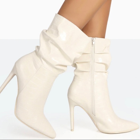 Public Desire ZURICH ECRU PATENT CROC STILETTO ANKLE POINTED HEELED BOOTS - Picture 2 of 3